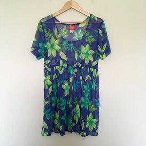 VTG Cole of California Blue Green Floral Mesh Sheer Cover Up Babydoll Dress M/L